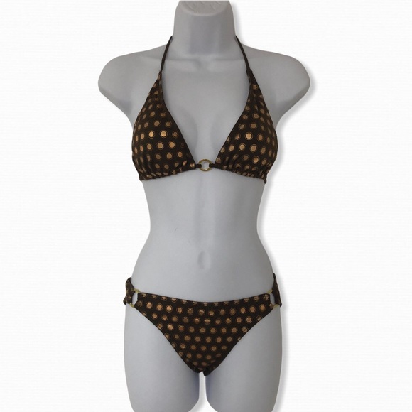 🛍 5 for $30 🛍 Brown & Gold Polka Dot Bikini - Picture 1 of 5